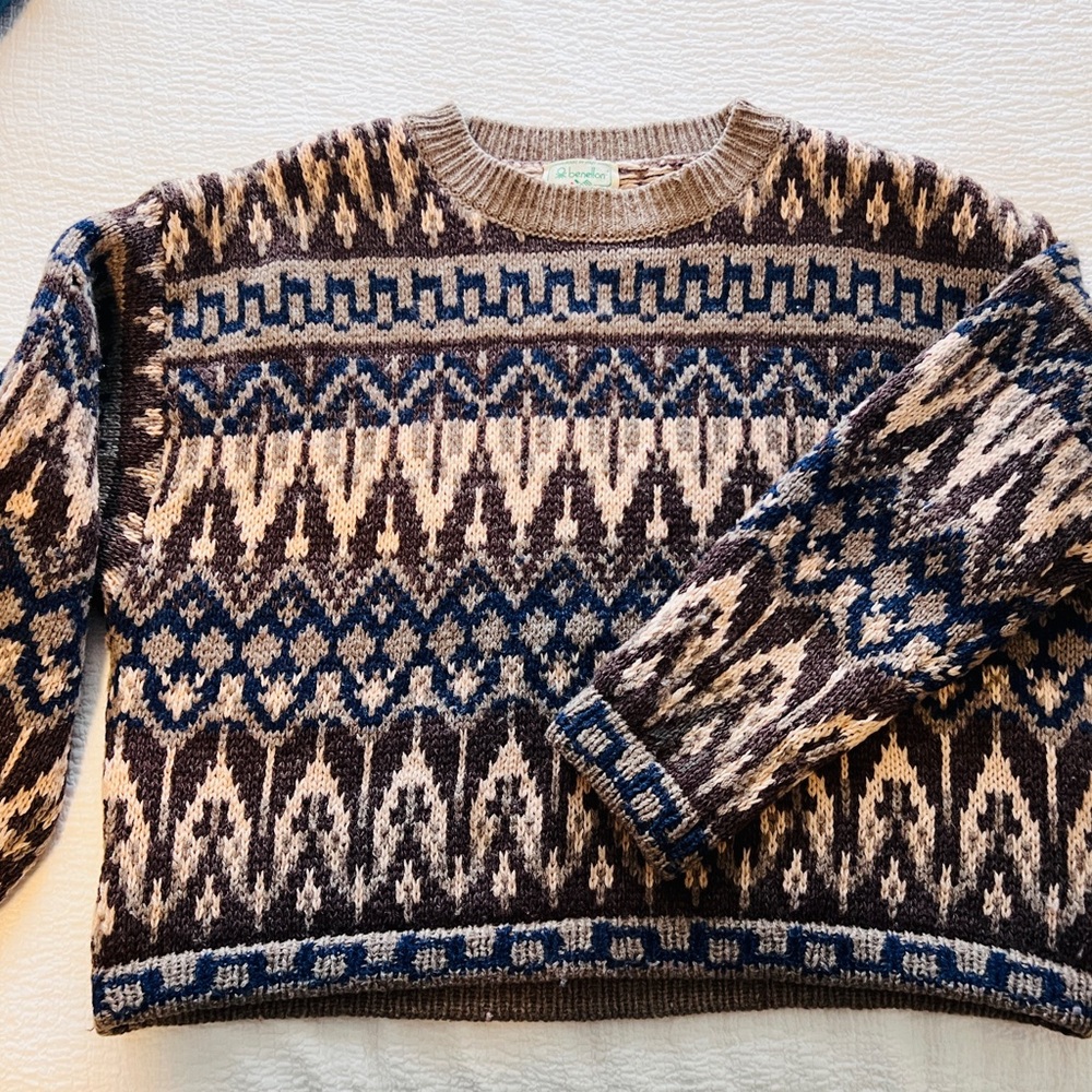 Vintage Benetton Patterned Sweater - Brown and Blue